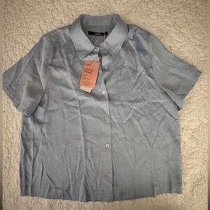 Quince Light Blue Washable Stretch Silk Short Sleeve Collar Blouse